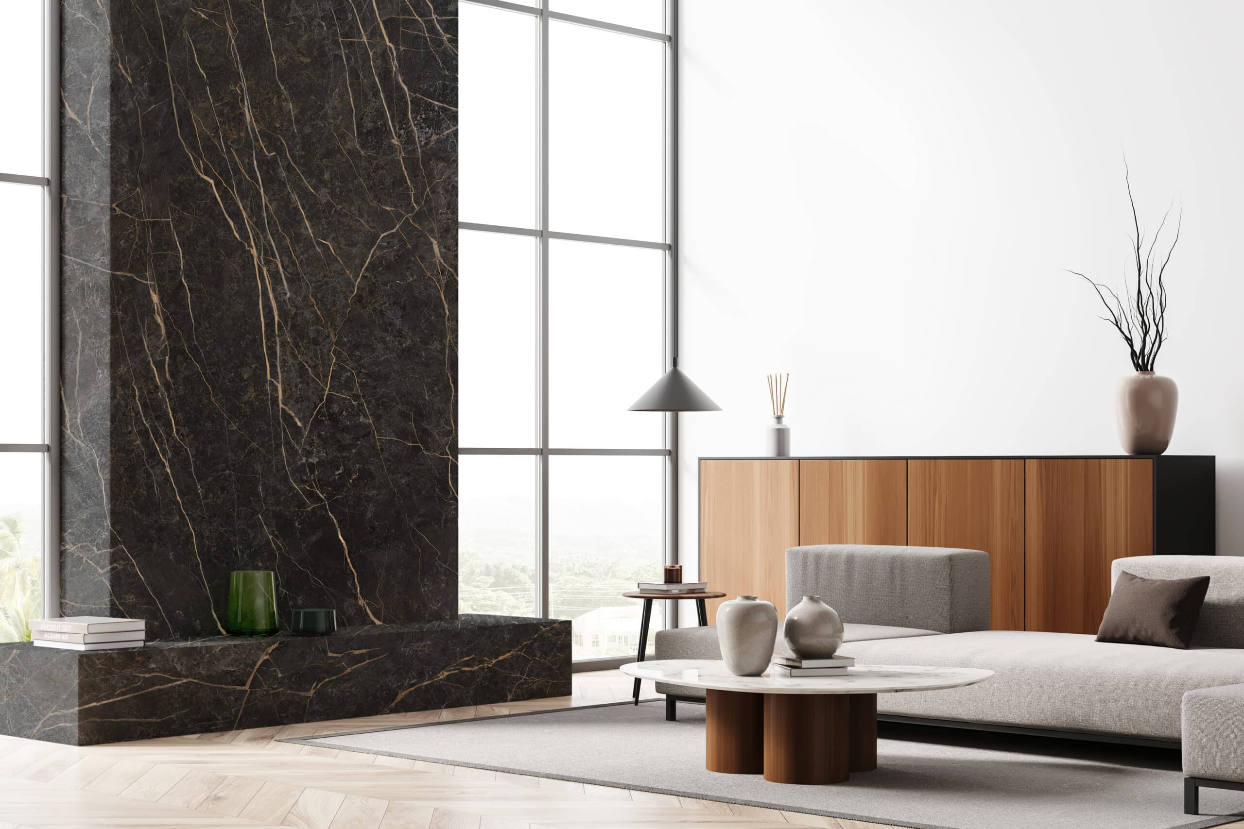 Bright living room interior with empty white poster, panoramic window, large sofa, coffee table, sideboard, lamp and wooden parquet floor. Concept of minimalist design for chill. Mock up. 3d rendering